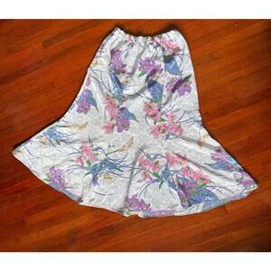 Vintage 80's White Romantic Pink Purple Floral Tulip Midi Stretch Skirt Medium
